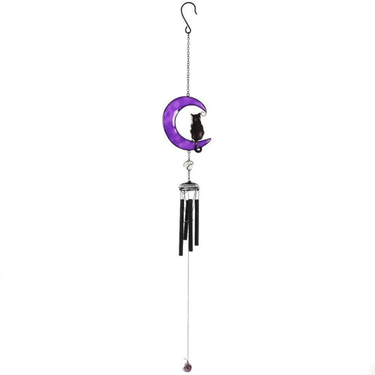 Black Cat on Purple Crescent Moon Metal Windchime Outdoor Garden Wind Chime 15.75 Inch