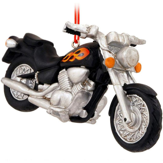 Black Motorcycle With Flames Resin Hanging Christmas Ornament 5 inch