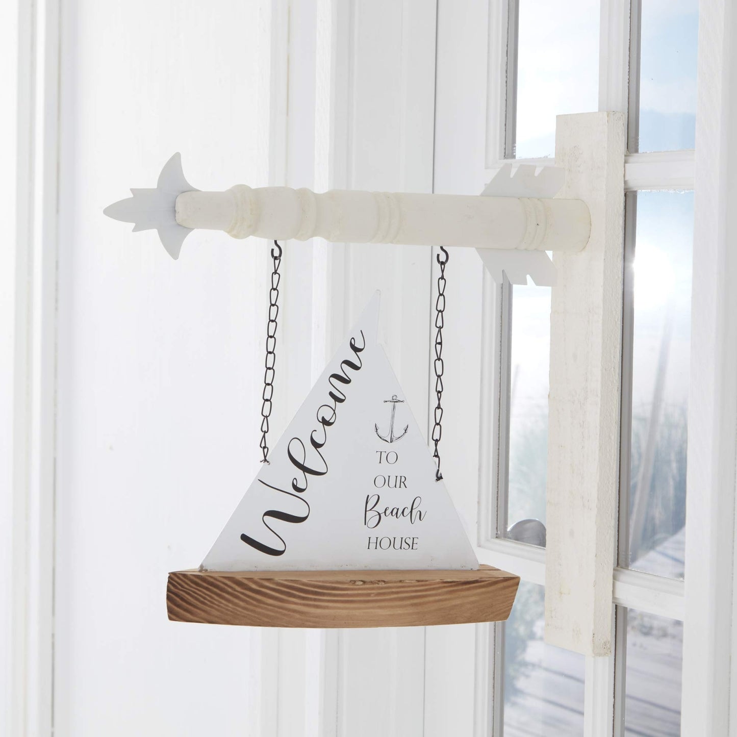 K&K Interiors White Enamel and Wood Welcome Sailboat Arrow Replacement Sign 10.5 inch - Arrow Sold Separately