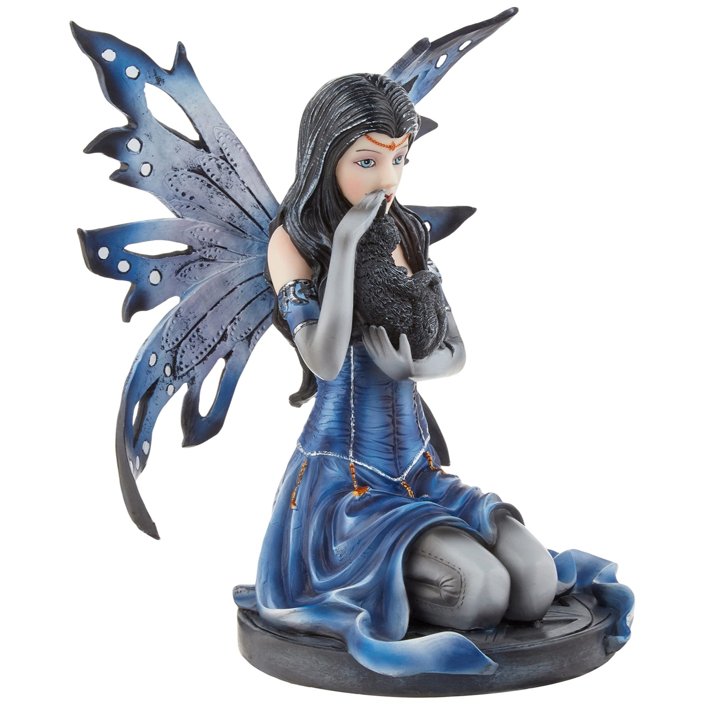 8.5 Inch Blue Winged Mystical Fairy Cradling Cat Statue Figurine