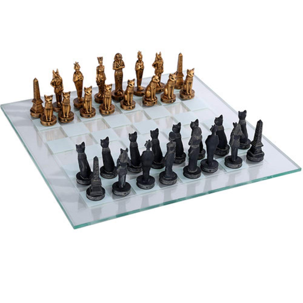 Gold and Black Ancient Egyptian God Kingdom Civil War Chess Set with Glass Board 17 x 17 inch