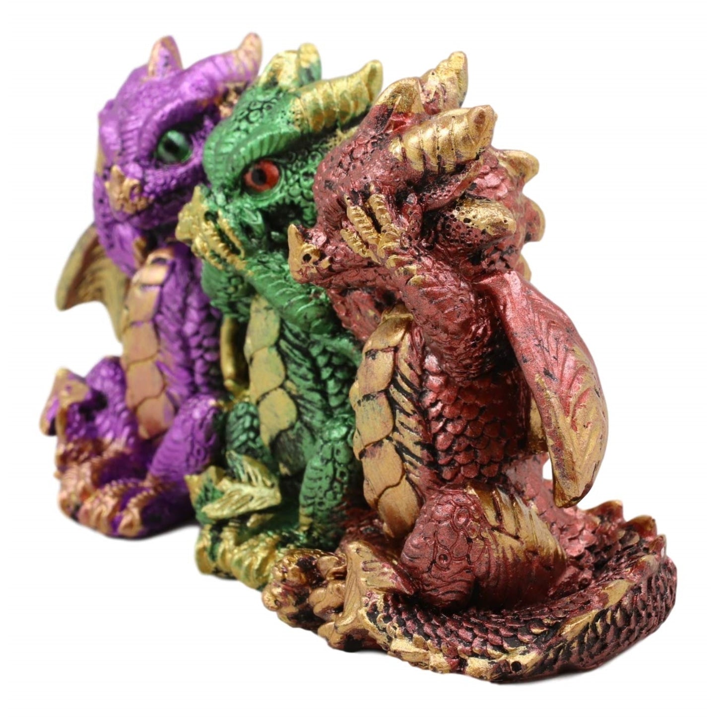 Multicolor Dragons See Hear Speak No Evil Resin Figurine 5.5 x 3.25 inch