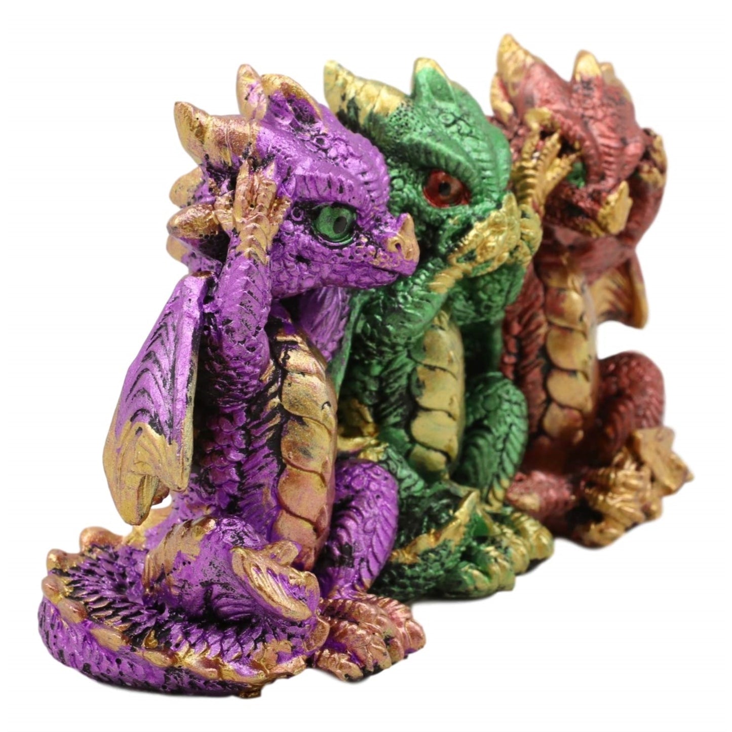 Multicolor Dragons See Hear Speak No Evil Resin Figurine 5.5 x 3.25 inch