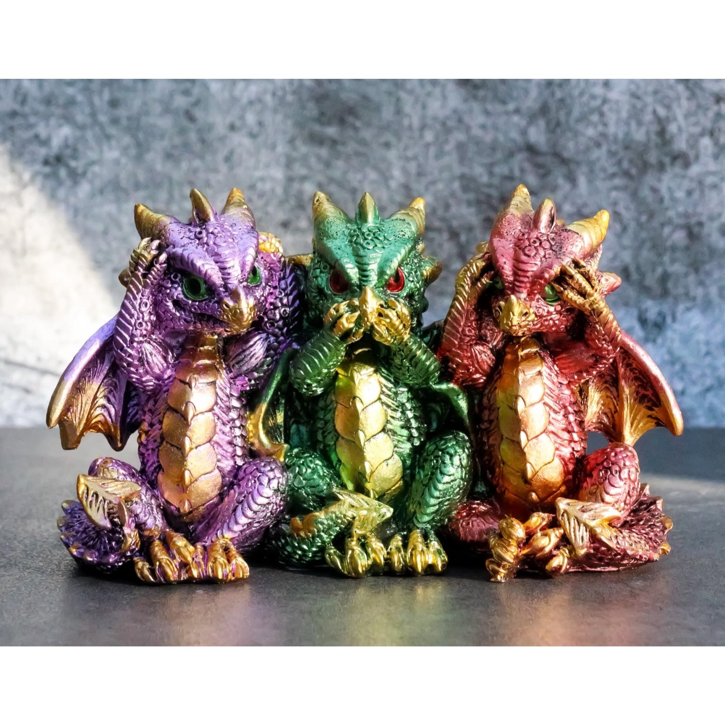 Multicolor Dragons See Hear Speak No Evil Resin Figurine 5.5 x 3.25 inch