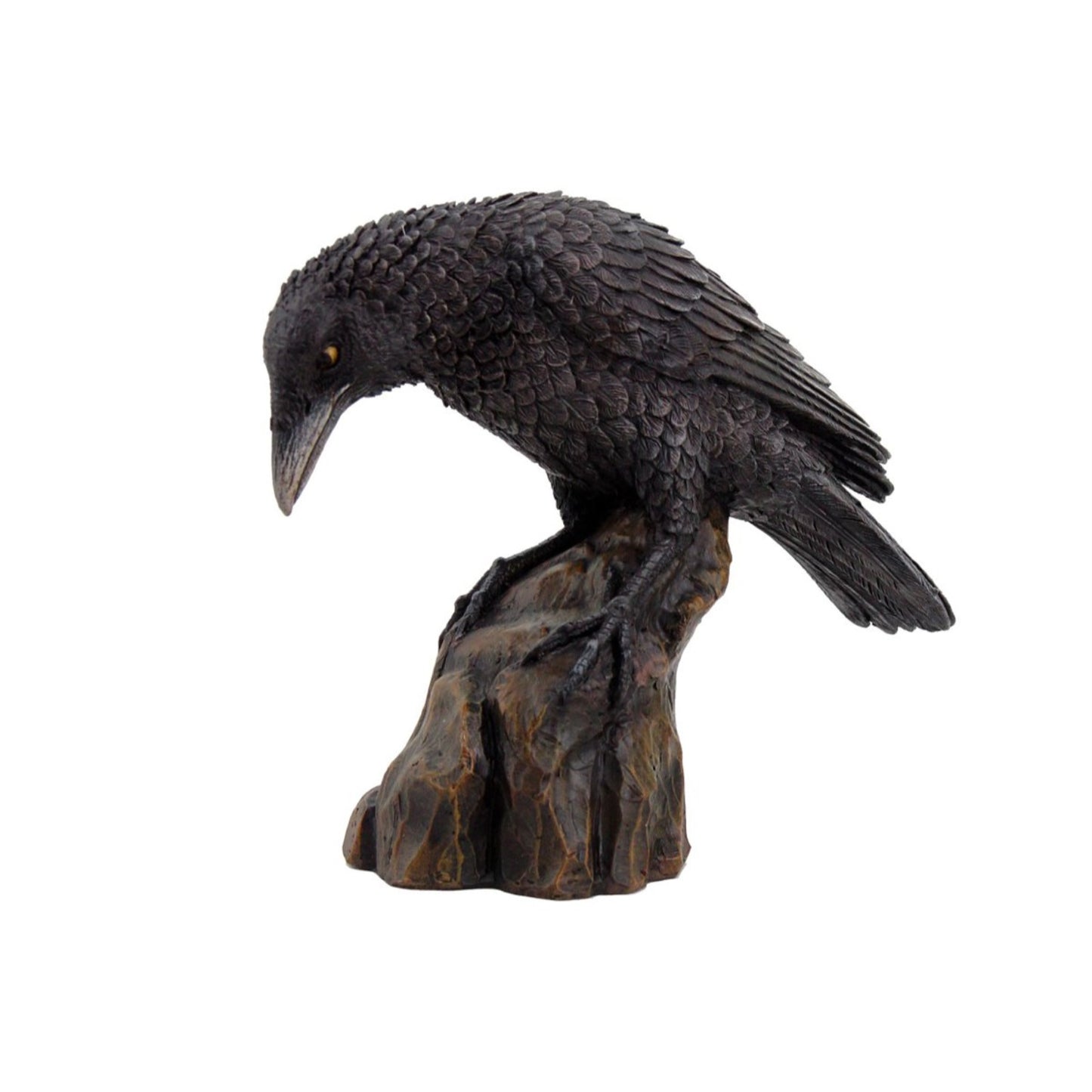 Leaning Black Raven on Rocks Hand Painted Resin Statue Figurine 5.25 inch
