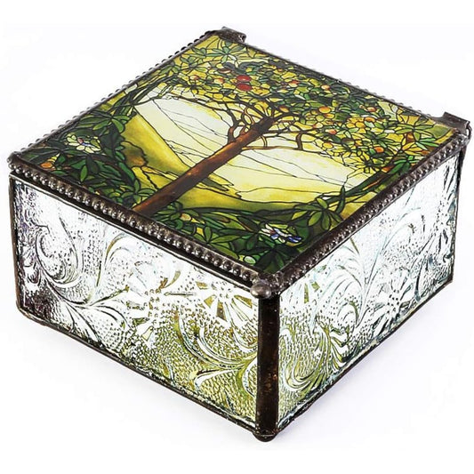Tiffany Style Glass Green Tree of Life with Silver Color Sides Trinket Box