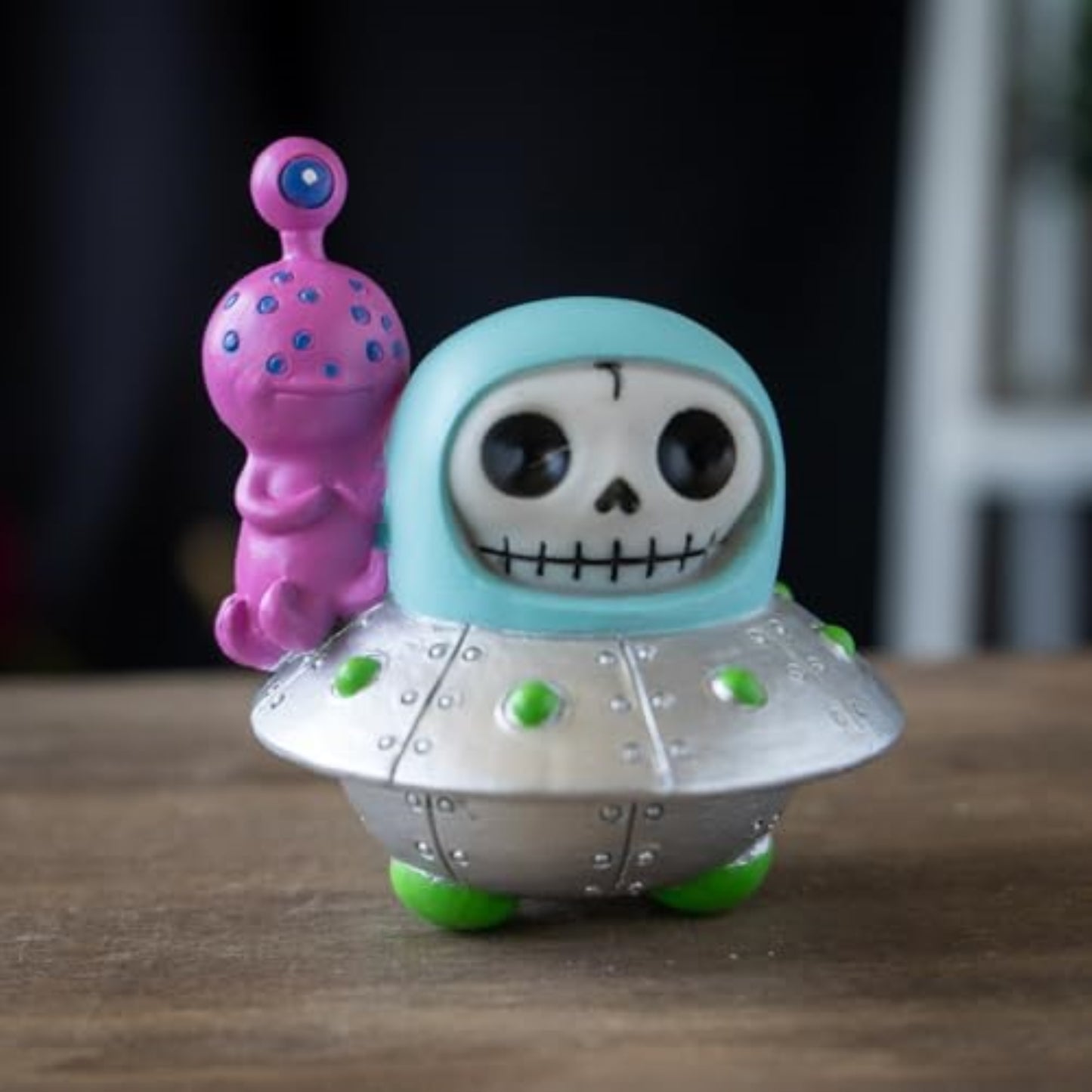 Furrybones UFO  Collectible Figurine Signature Skeleton Astronaut in Spaceship Costume with Alien Buddy 3.1 inch
