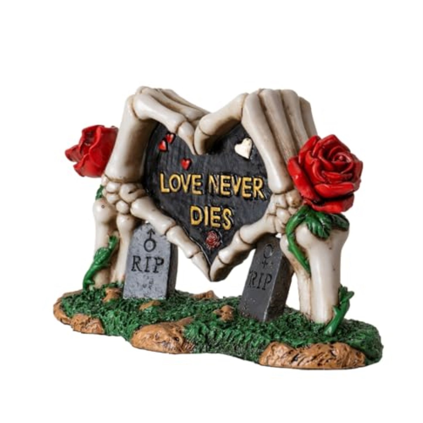 Skeleton Gravestone Figurine Love Never Dies Design with Roses Ideal for Gothic Decor Romance Lovers 6.3 inch