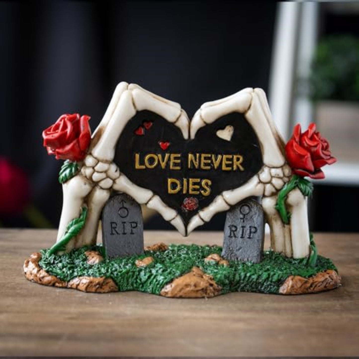 Skeleton Gravestone Figurine Love Never Dies Design with Roses Ideal for Gothic Decor Romance Lovers 6.3 inch