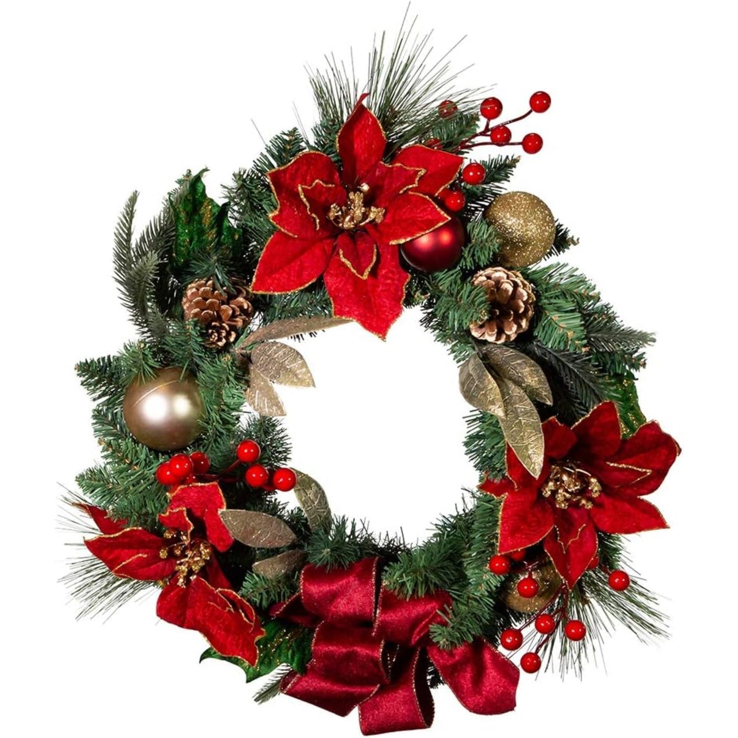 Kurt S. Adler H4015 20 in. Unlit Red Poinsettia Wreath with Gold Balls & Pinecones