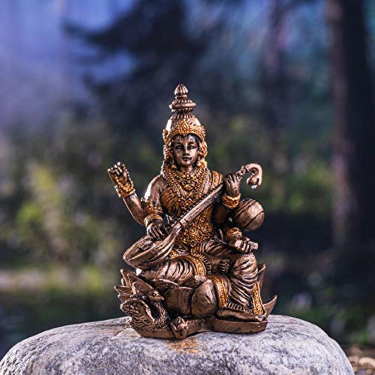 Hindu God Saraswati Miniature Resin Gold Figurine Statue 2.75 inch