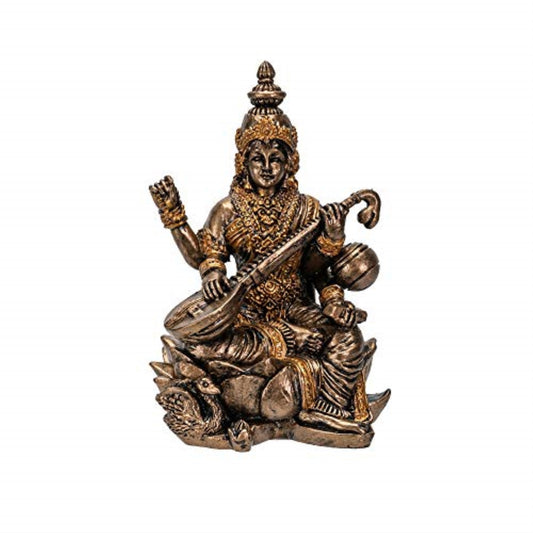 Hindu God Saraswati Miniature Resin Gold Figurine Statue 2.75 inch