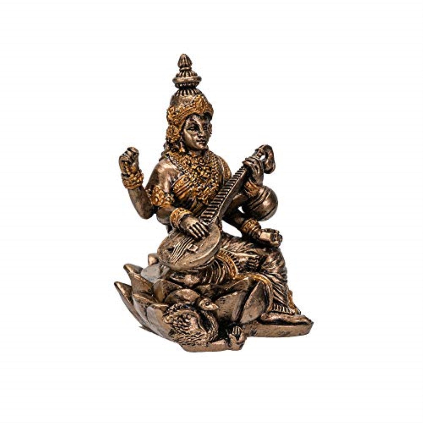 Hindu God Saraswati Miniature Resin Gold Figurine Statue 2.75 inch