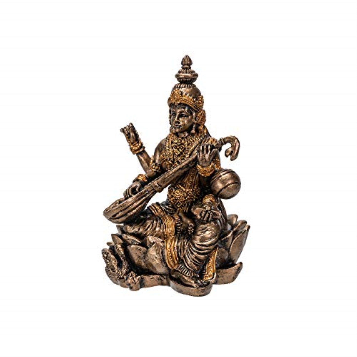 Hindu God Saraswati Miniature Resin Gold Figurine Statue 2.75 inch