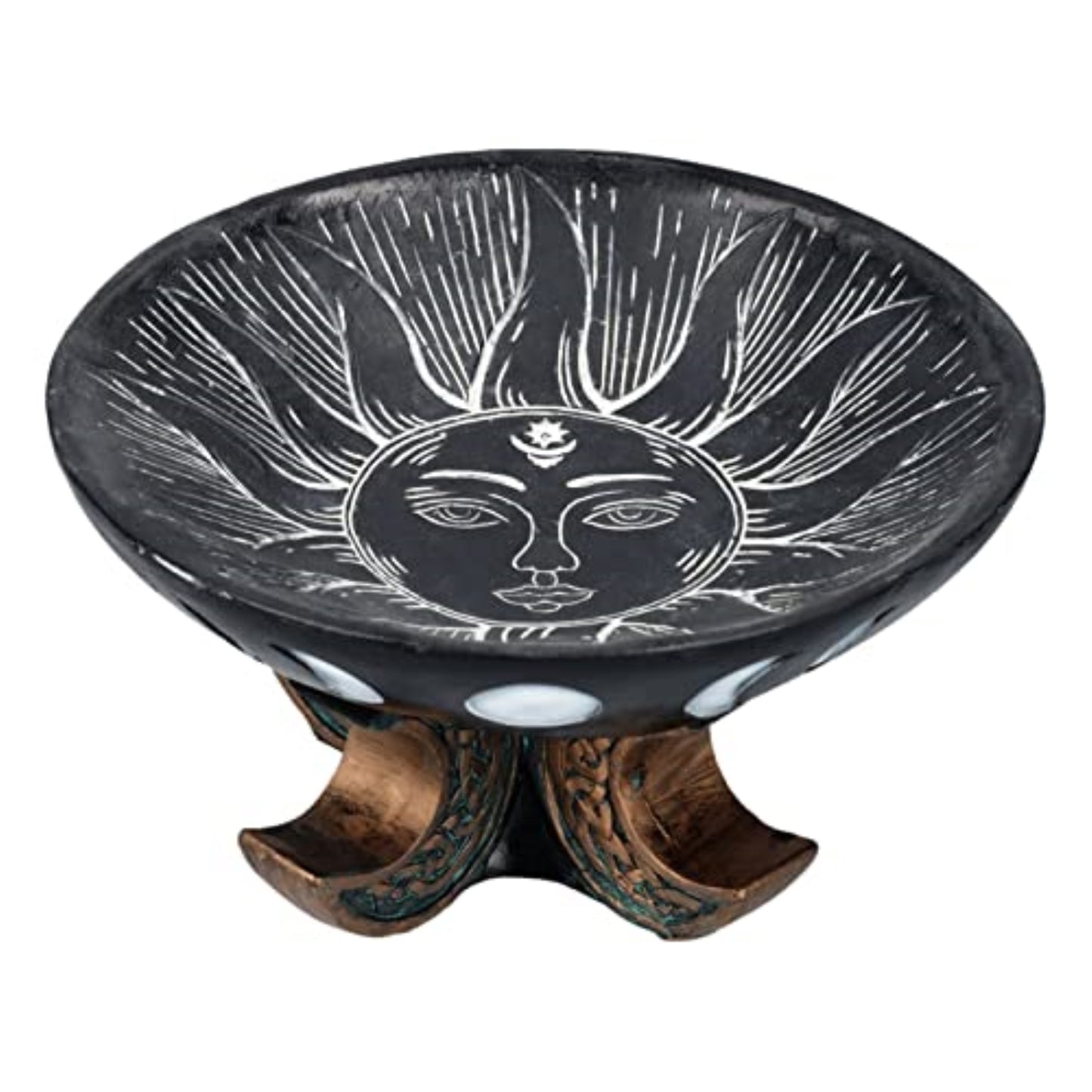 Carved Illustrated Sun and Moon Resin Trinket Bowl Black 8 inch Diameter