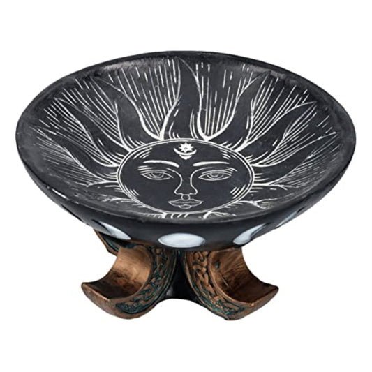 Carved Illustrated Sun and Moon Resin Trinket Bowl Black 8 inch Diameter