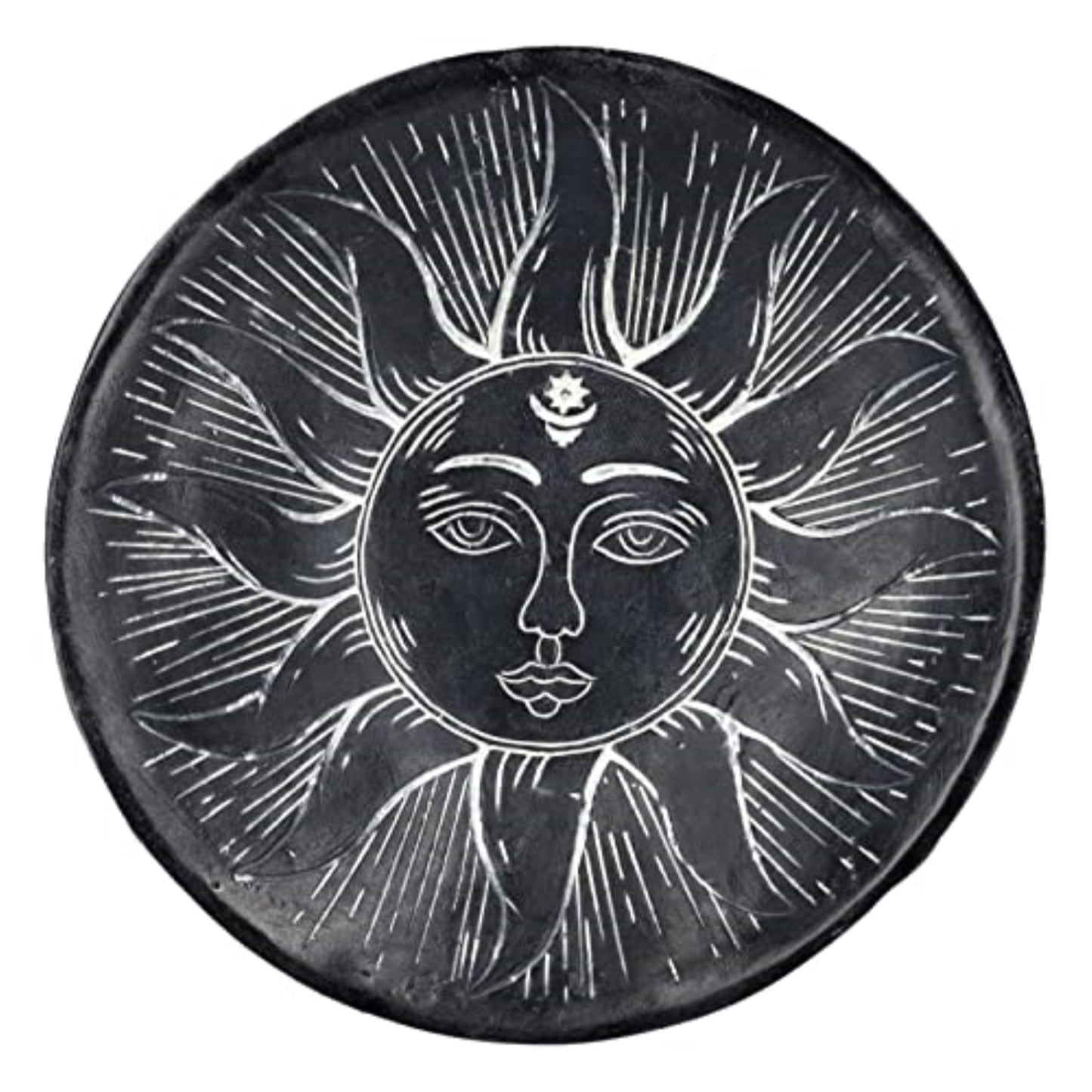 Carved Illustrated Sun and Moon Resin Trinket Bowl Black 8 inch Diameter