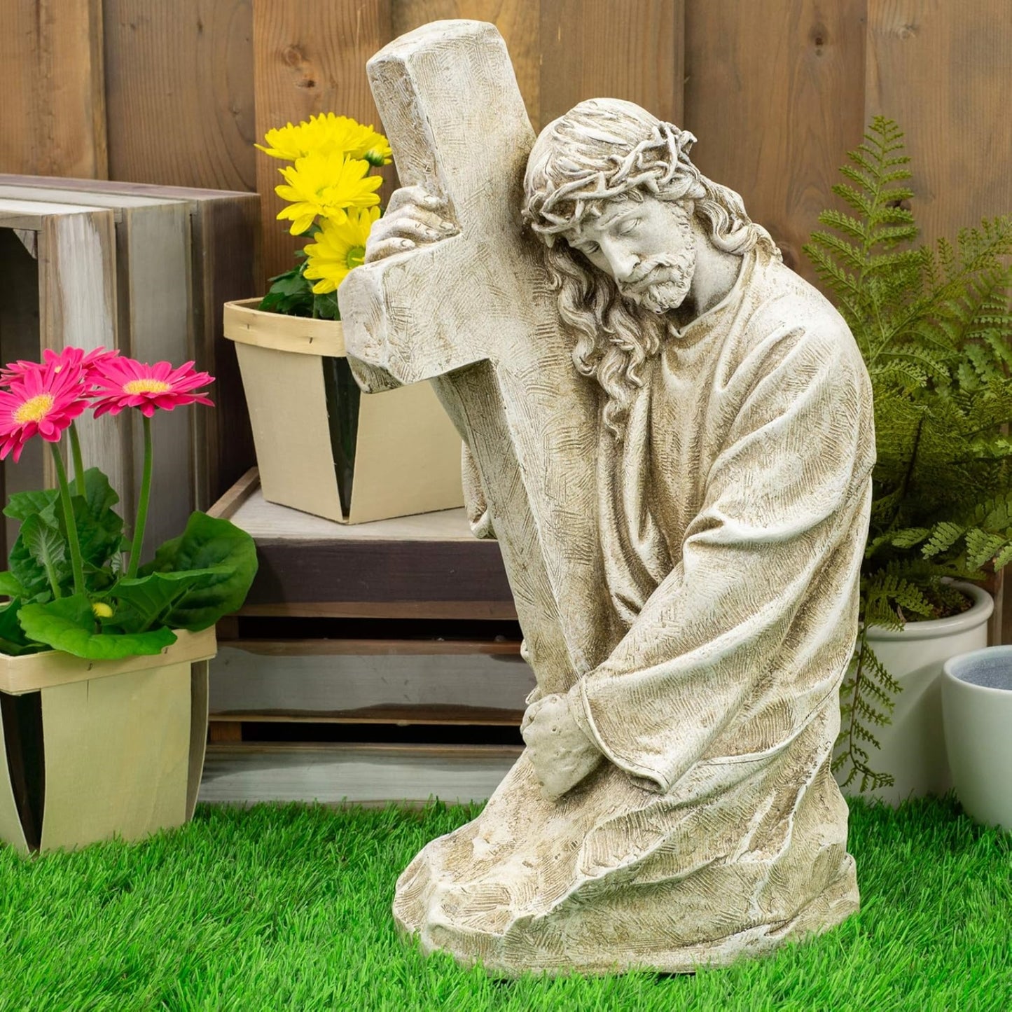Joseph's Studio by Roman Inc., Jesus Holding Cross, Garden Collection, Religious Statue, Garden Décor (10x8x17)