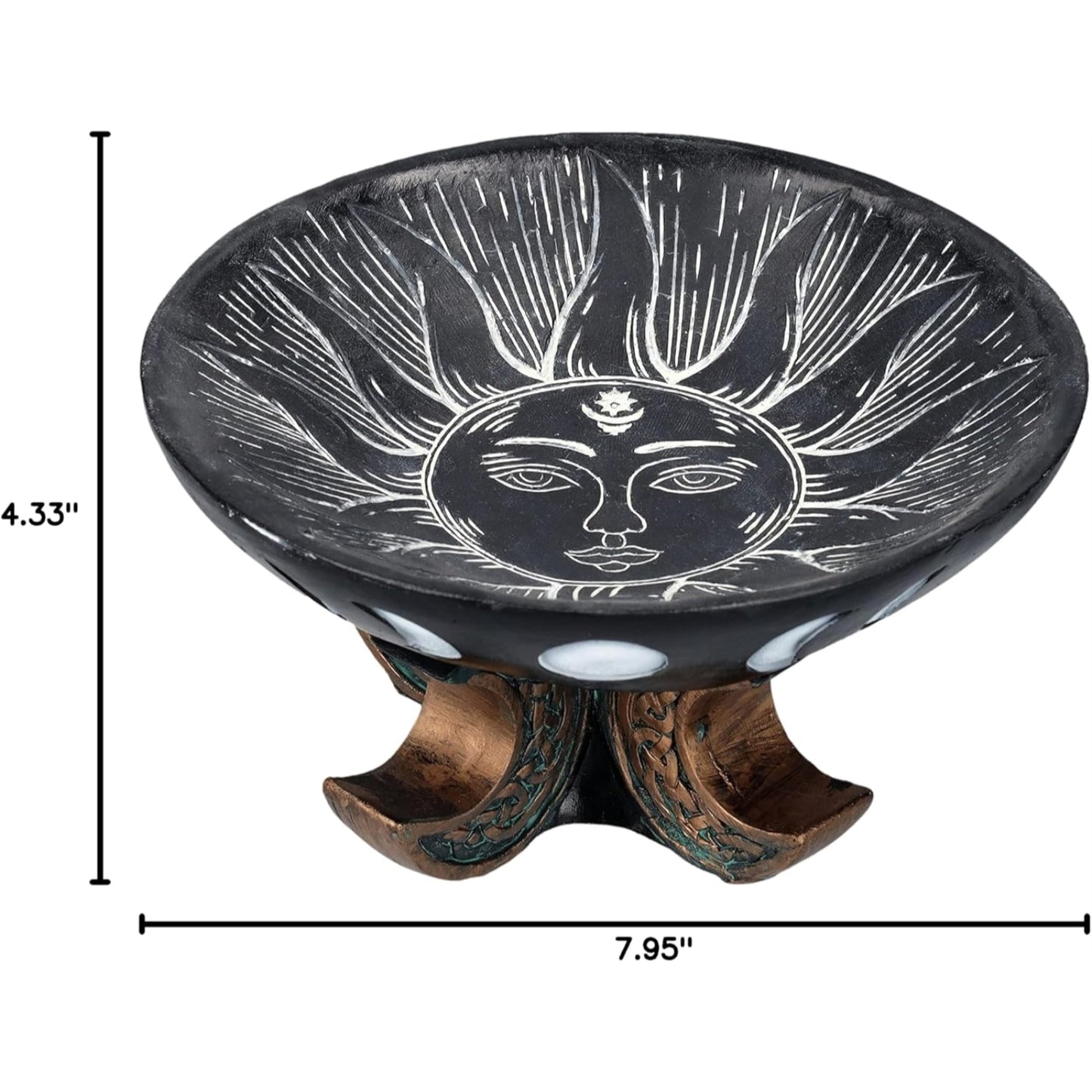Carved Illustrated Sun and Moon Resin Trinket Bowl Black 8 inch Diameter