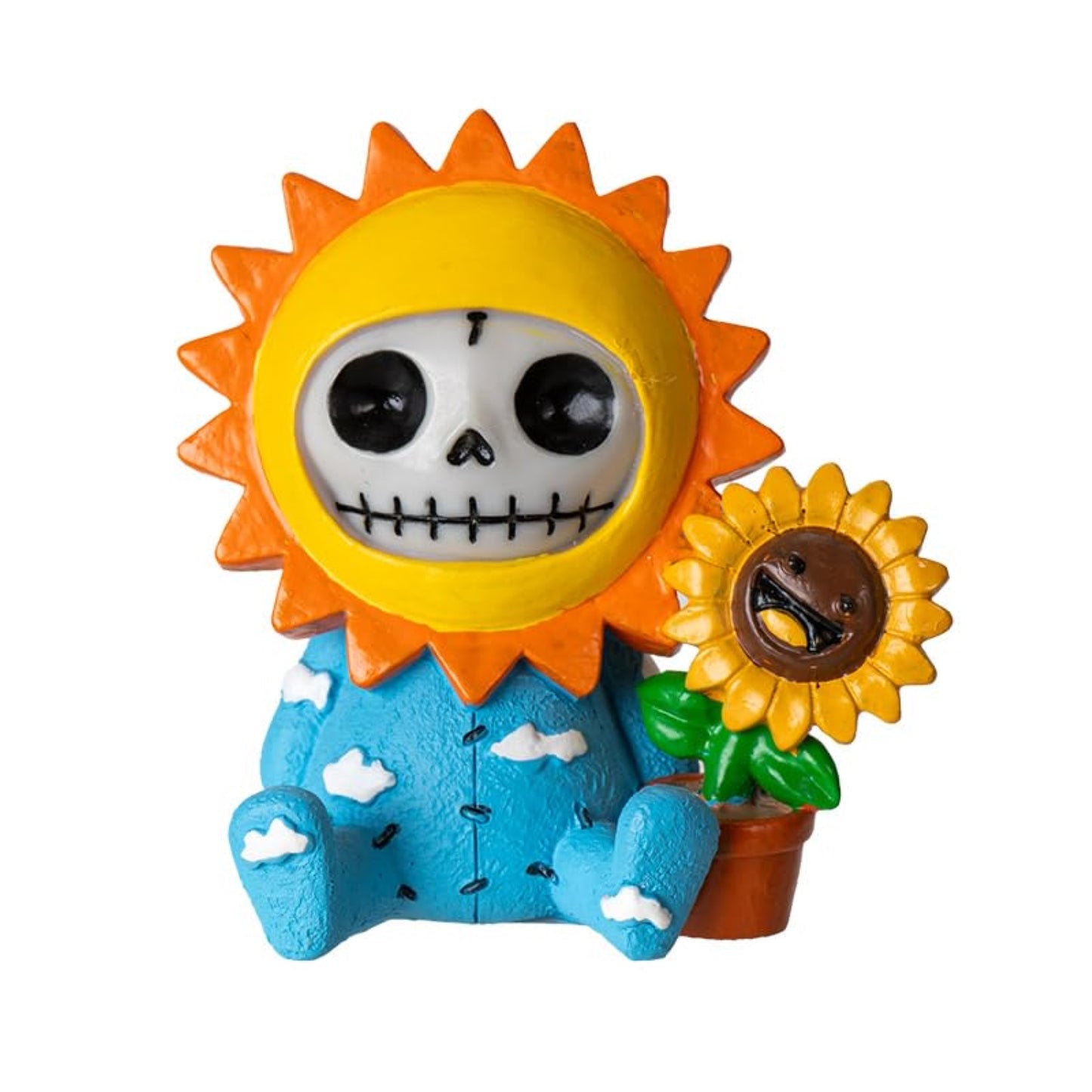 Furrybones Sol Figurine Skeleton in Sunflower Costume with Smiling Potted Sunflower Friend 2.8 inch
