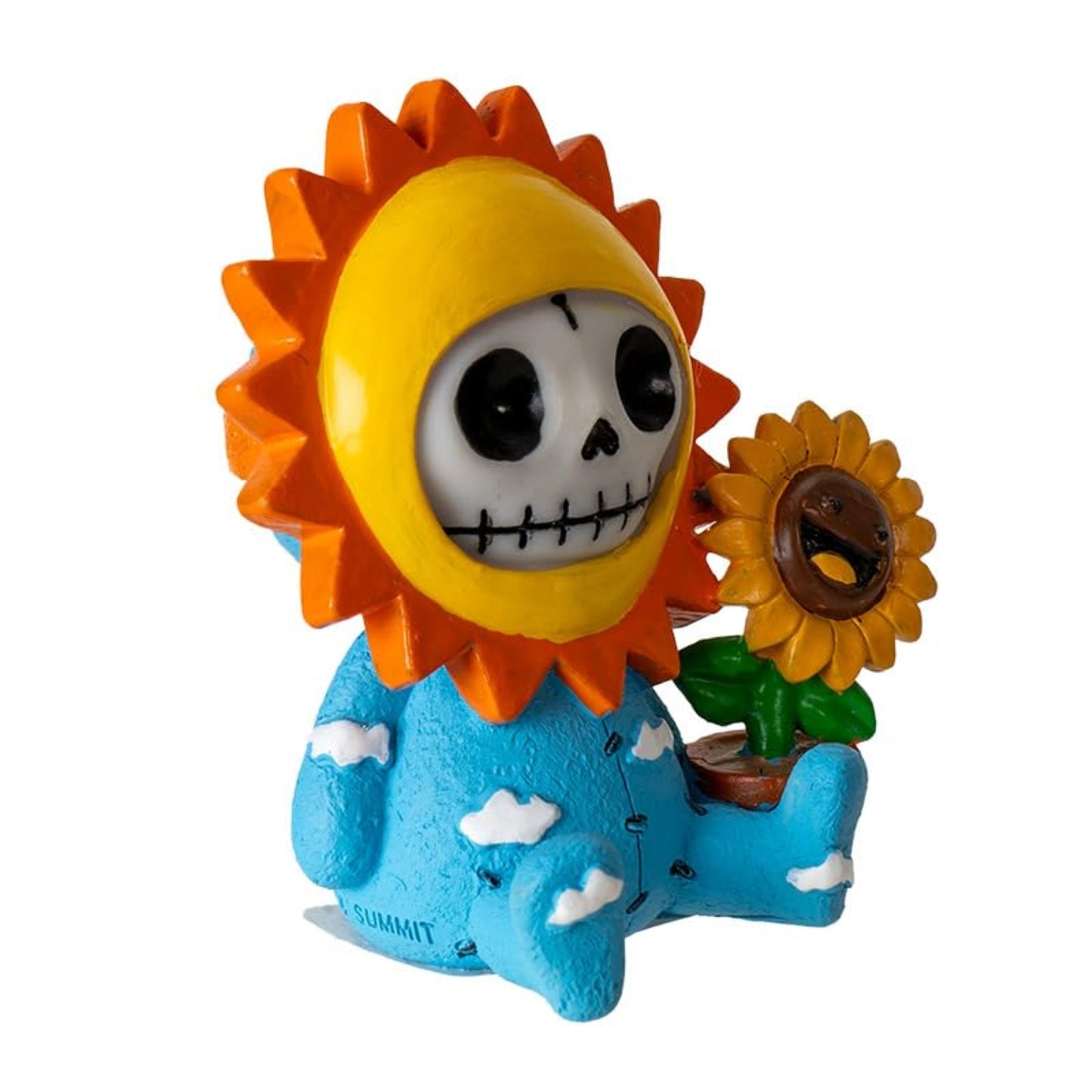 Furrybones Sol Figurine Skeleton in Sunflower Costume with Smiling Potted Sunflower Friend 2.8 inch