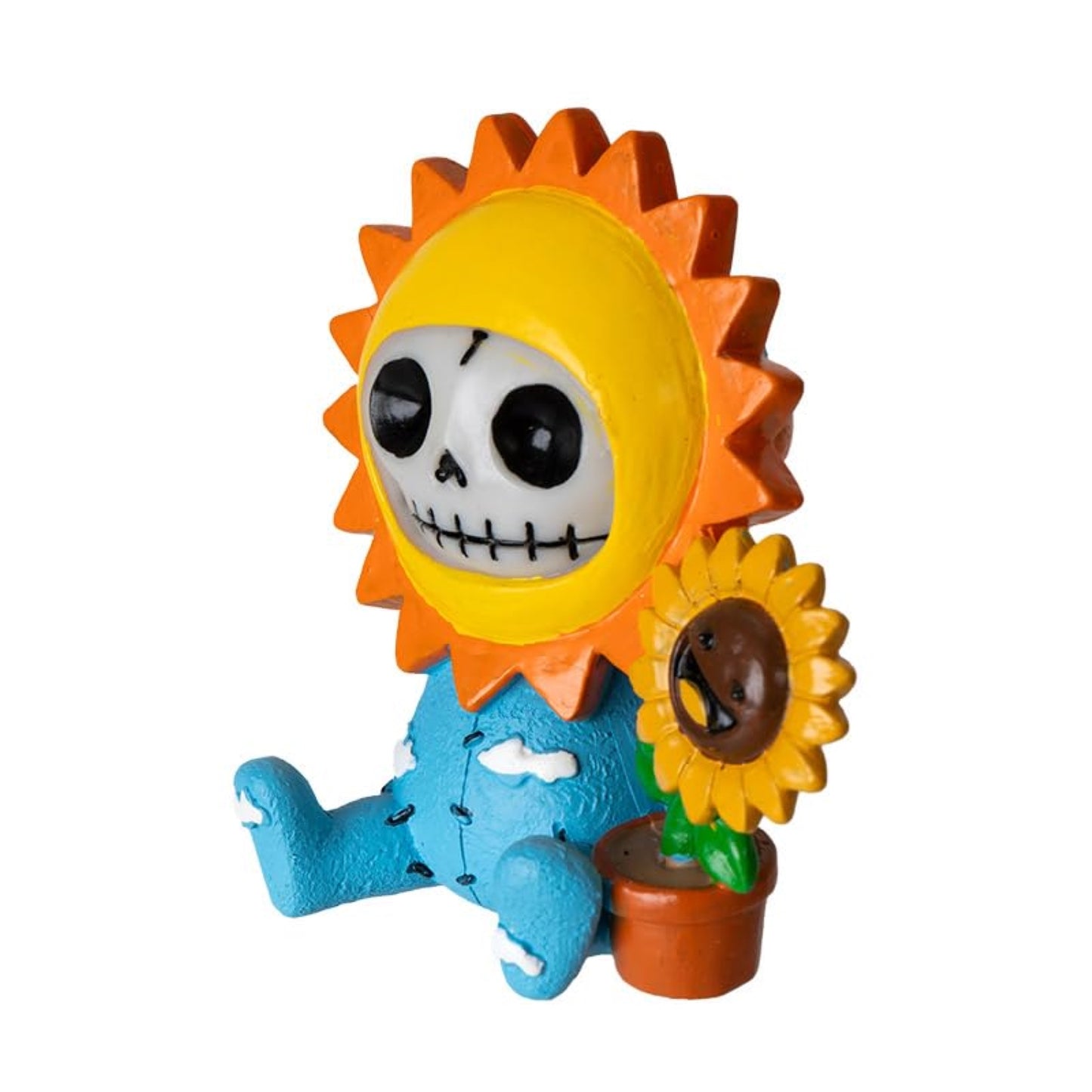 Furrybones Sol Figurine Skeleton in Sunflower Costume with Smiling Potted Sunflower Friend 2.8 inch