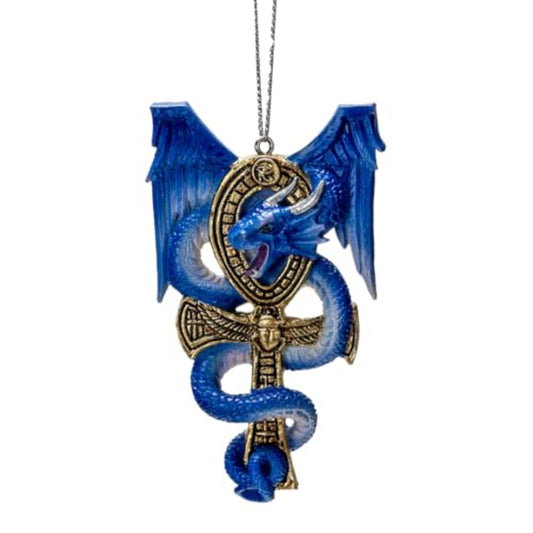 Anne Stoke Apep Guardian Dragon Ornament Detailed Fantasy Ankh Symbol with Blue Dragon Wings 3.8 inch