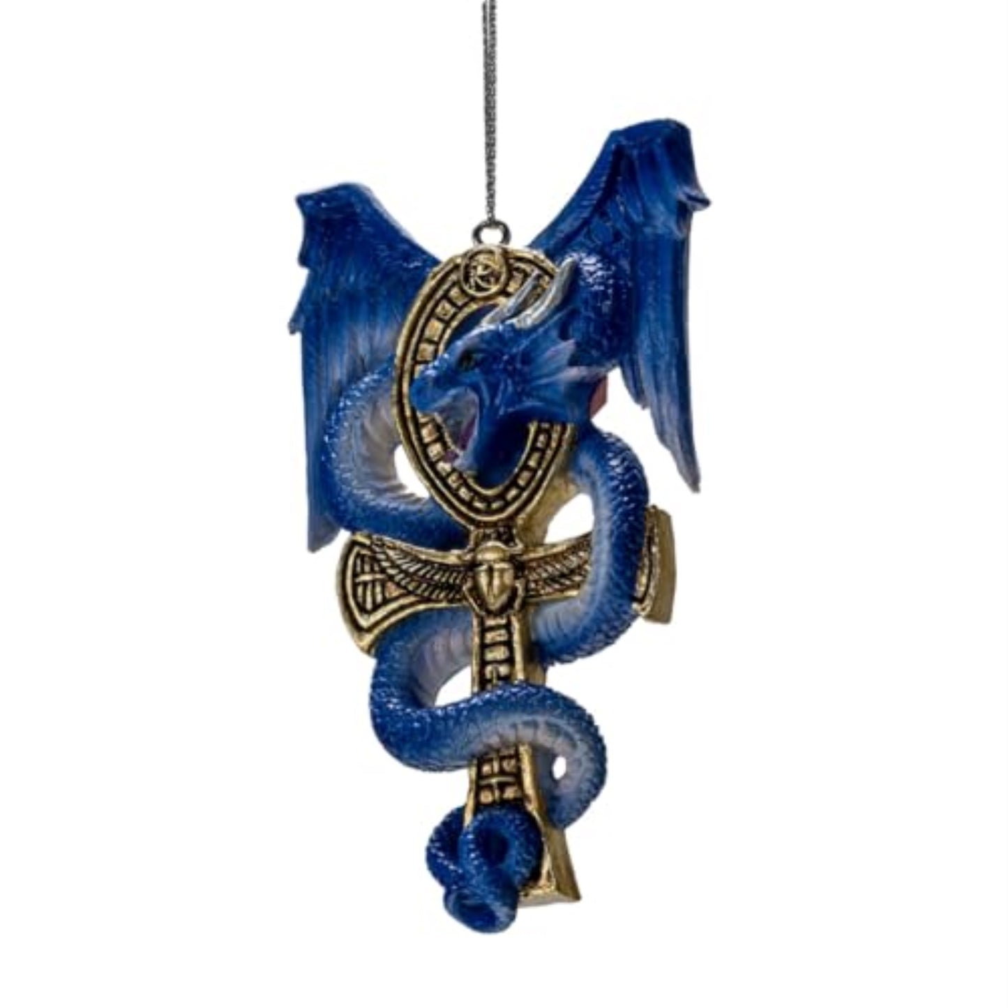 Anne Stoke Apep Guardian Dragon Ornament Detailed Fantasy Ankh Symbol with Blue Dragon Wings 3.8 inch