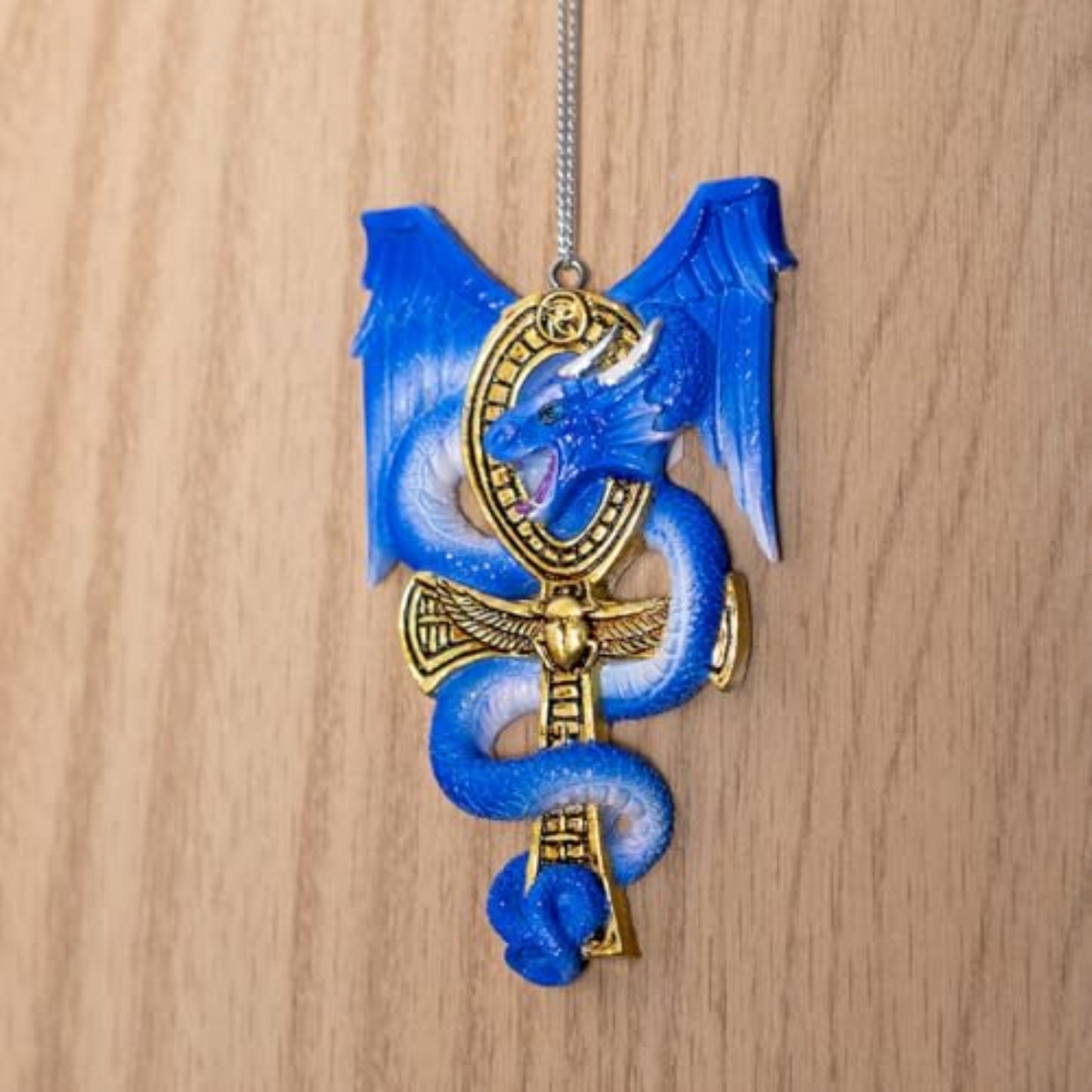 Anne Stoke Apep Guardian Dragon Ornament Detailed Fantasy Ankh Symbol with Blue Dragon Wings 3.8 inch