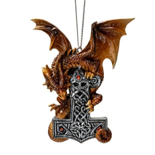 Mjolnir Guardian Dragon Ornament by Anne Stokes Fierce Bronze Dragon with Intricate Celtic Hammer 3.6 inch