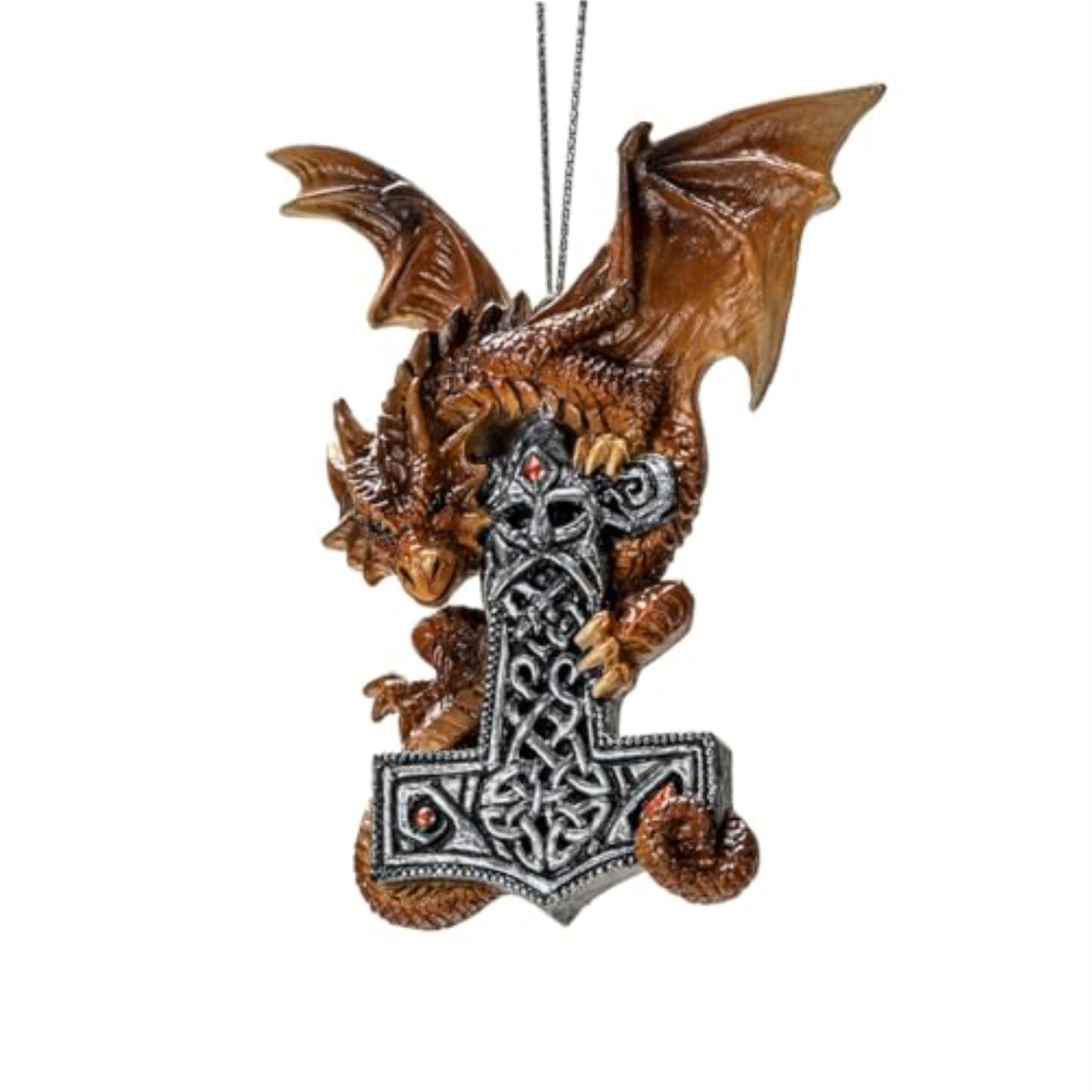 Mjolnir Guardian Dragon Ornament by Anne Stokes Fierce Bronze Dragon with Intricate Celtic Hammer 3.6 inch