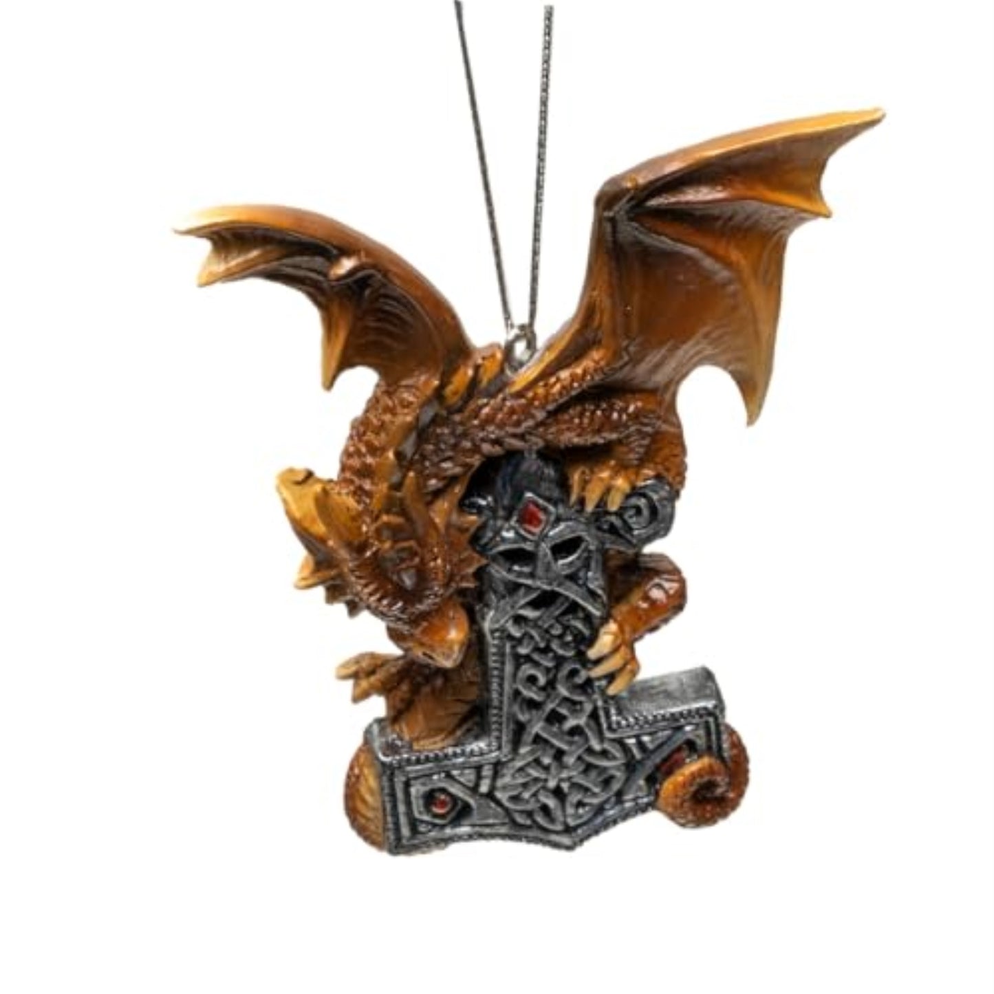 Mjolnir Guardian Dragon Ornament by Anne Stokes Fierce Bronze Dragon with Intricate Celtic Hammer 3.6 inch