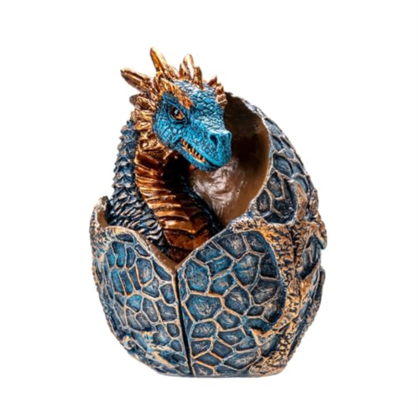 Dragon Hatchling Figurine Blue and Gold Baby Dragon Emerging from Egg Fantasy Resin Sculpture 3.62 inch