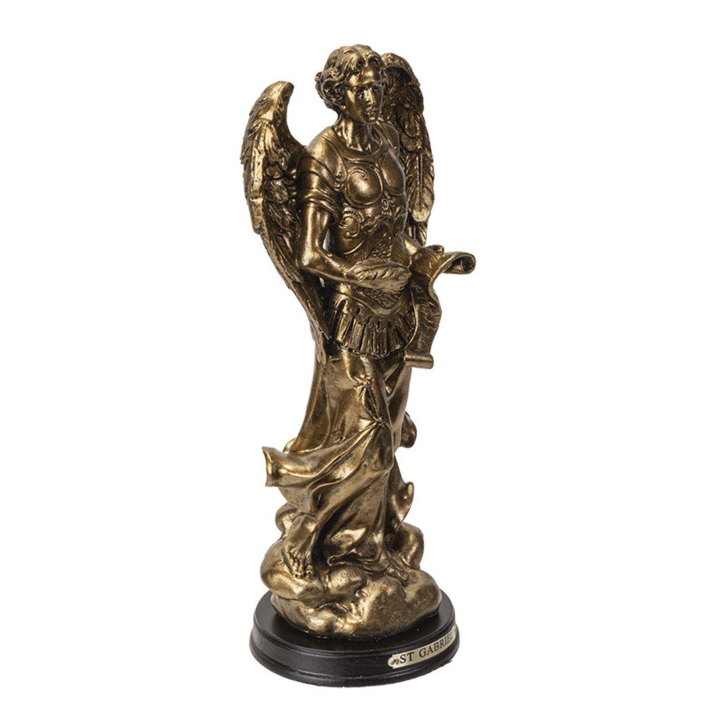 St. Gabriel Archangel Messenger from God Figurine 8 Inch Tall Wooden Base with Brass Name Plate