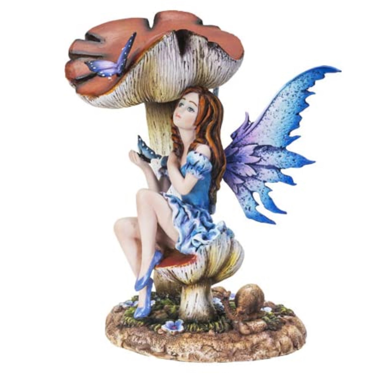 Mushroom Fairy with Butterflies in Blue Sundress Statue Figurine 7 inch Tall