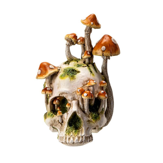 Large Human Skull with Mushrooms Growing Fungi Halloween Figurine Decoration 11.8 inch