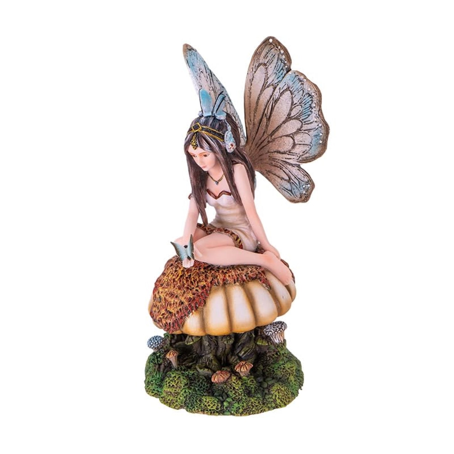 Butterfly Fairy on Mushroom Statue 8.27 inch Fantasy Figurine with Delicate Wings and Butterfly Details