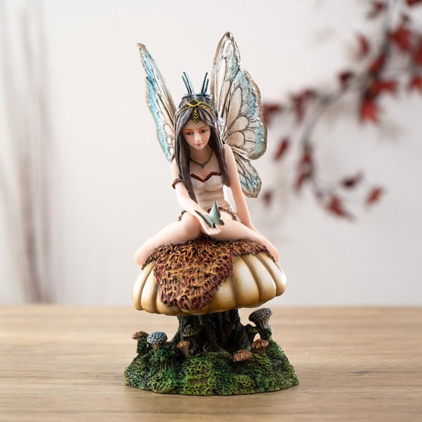 Butterfly Fairy on Mushroom Statue 8.27 inch Fantasy Figurine with Delicate Wings and Butterfly Details
