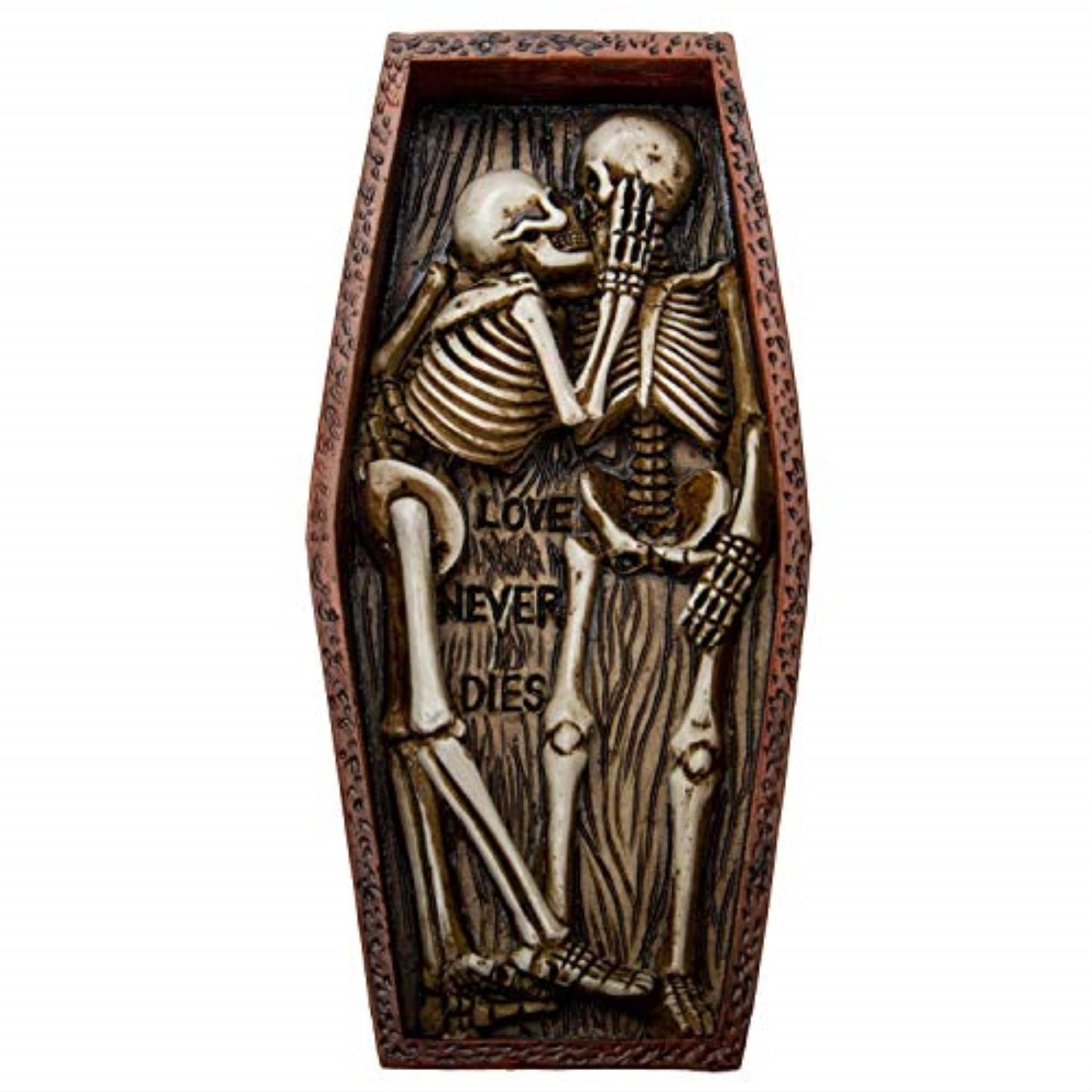 Love Never Dies Skeleton Couple Buried Together in The Coffin Resin Figurine 6.75 inch