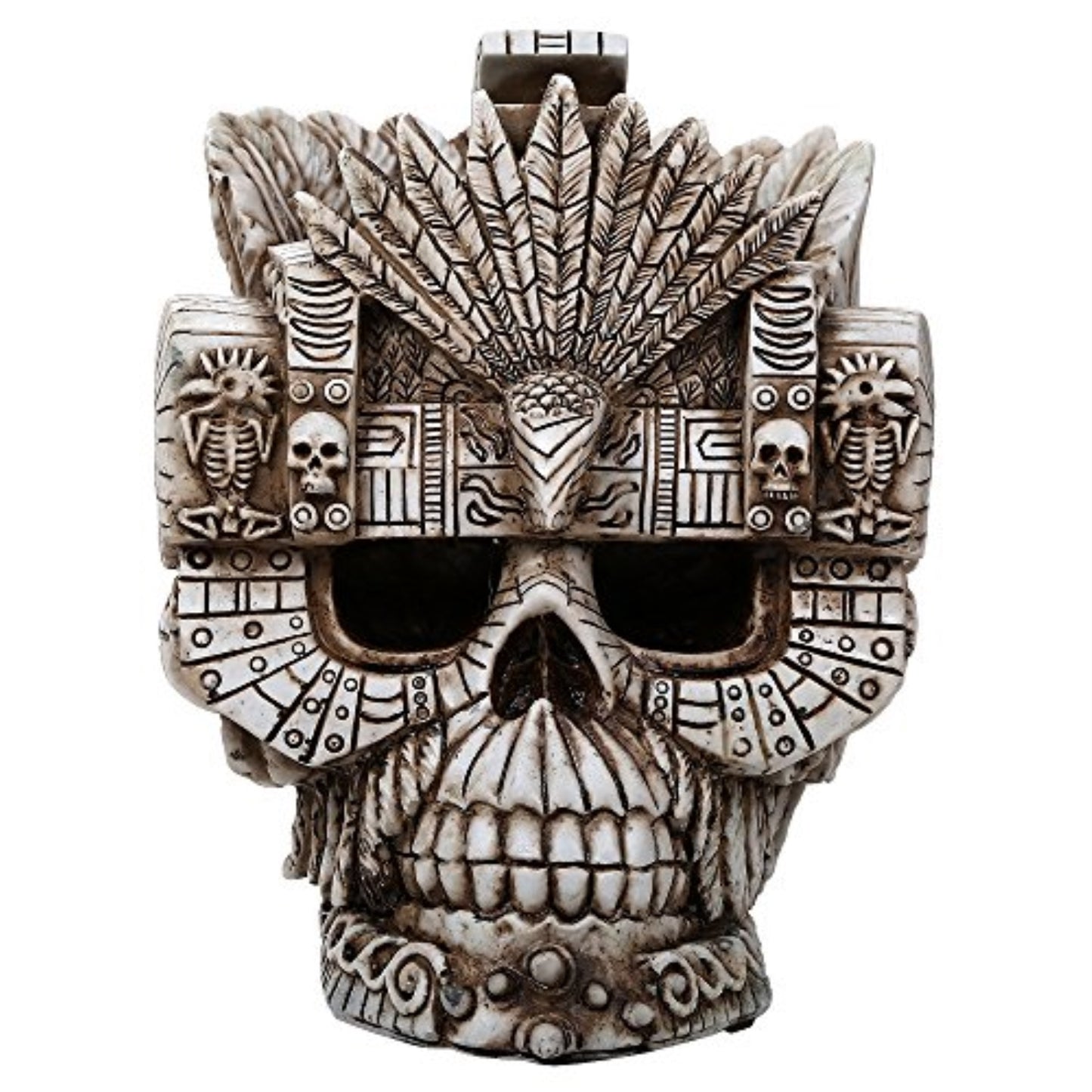 Montezuma Aztec Ruler Skull Collectible Figurine Antique Skull Bone Finish 6 Inch L