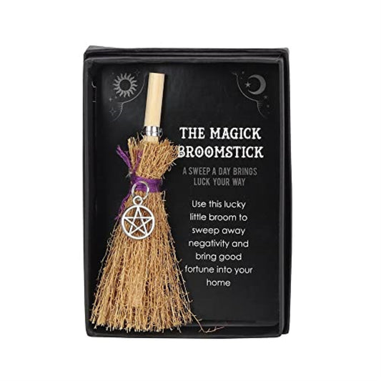 Pentacle Mini Magick Broomstick Lucky Charm in Gift Box 4.33 inches Tall