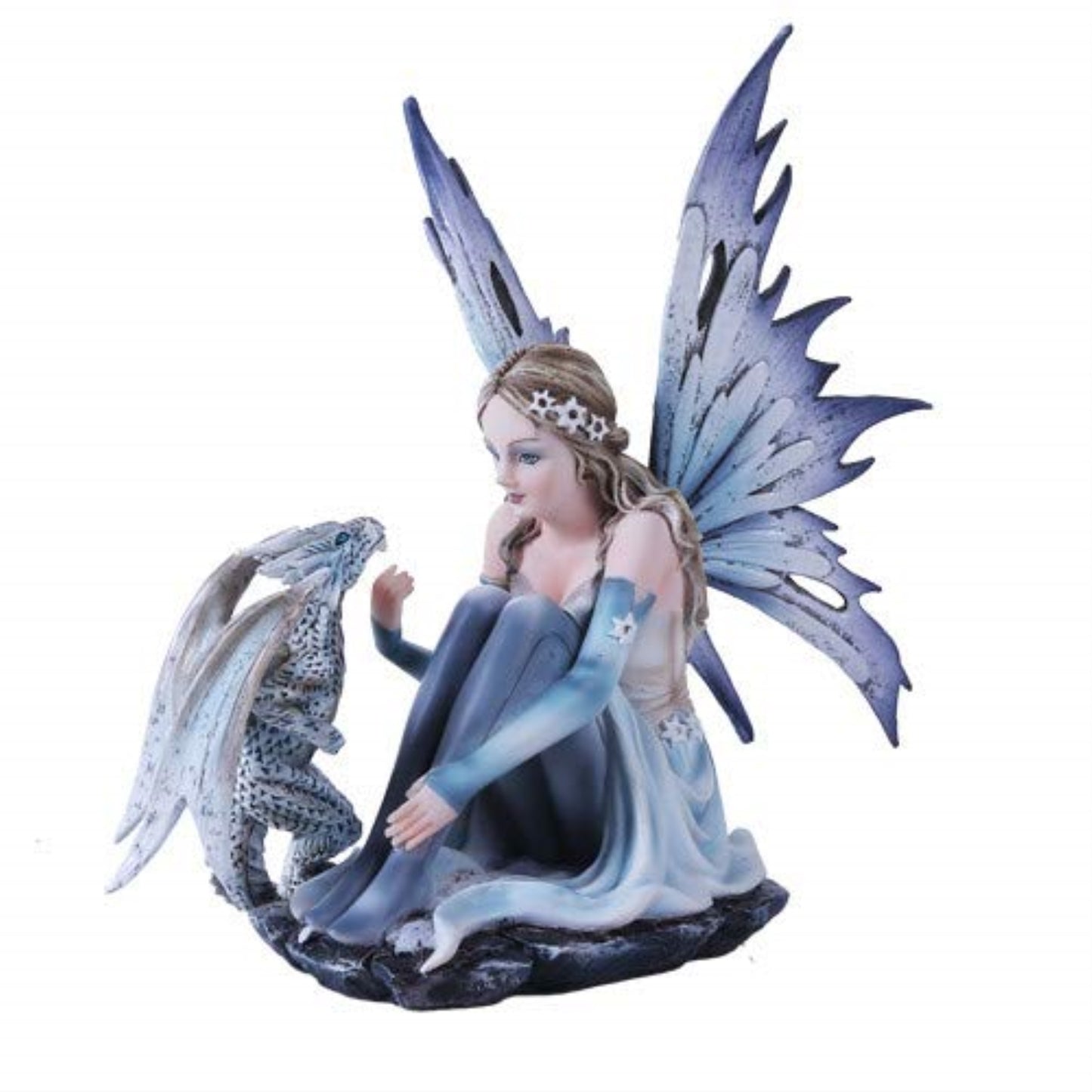 Snowflake Winter Fairy and White Leopard Dragon Mystical Statue Figurine 7.5 inch