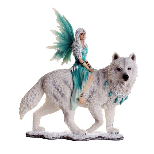 Companion Fairy Aneira with White Wolf Collectible Decorative Statue 8 inch