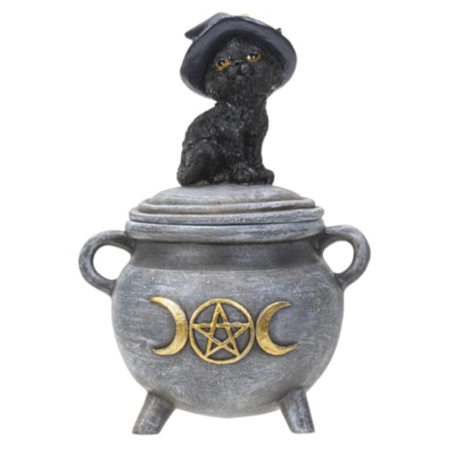 Black Cat with Witch Hat Sitting on Cauldron Halloween Resin Jewelry Trinket Keepsake Box 5.5 inch