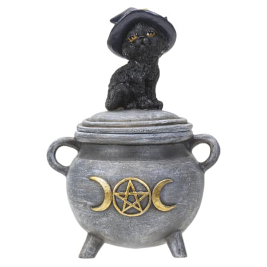 Black Cat with Witch Hat Sitting on Cauldron Halloween Resin Jewelry Trinket Keepsake Box 5.5 inch