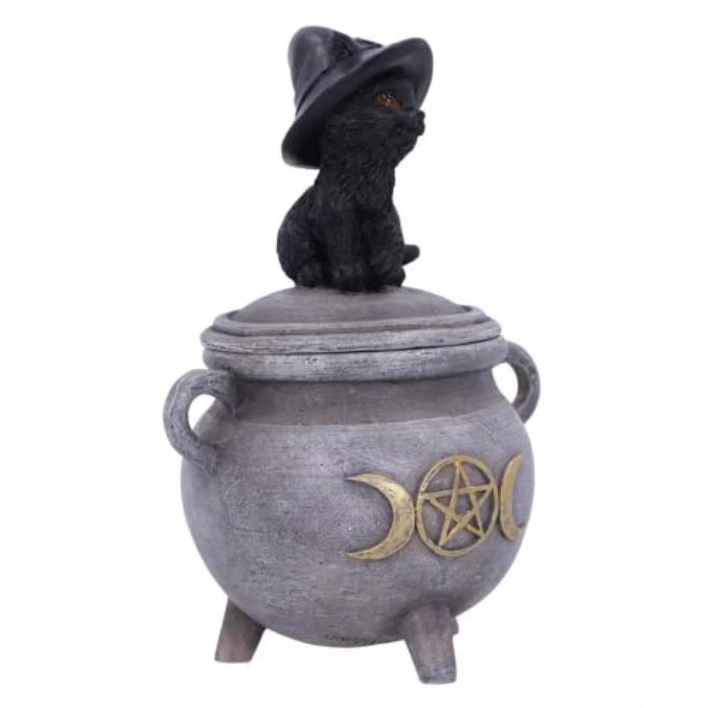 Black Cat with Witch Hat Sitting on Cauldron Halloween Resin Jewelry Trinket Keepsake Box 5.5 inch