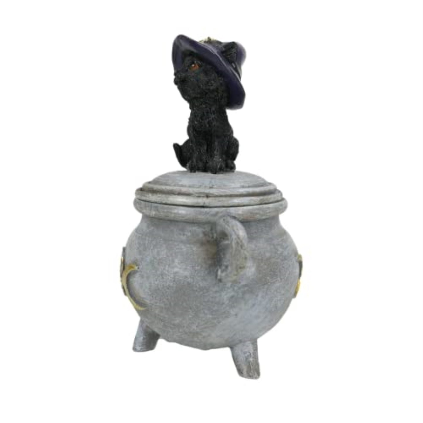 Black Cat with Witch Hat Sitting on Cauldron Halloween Resin Jewelry Trinket Keepsake Box 5.5 inch