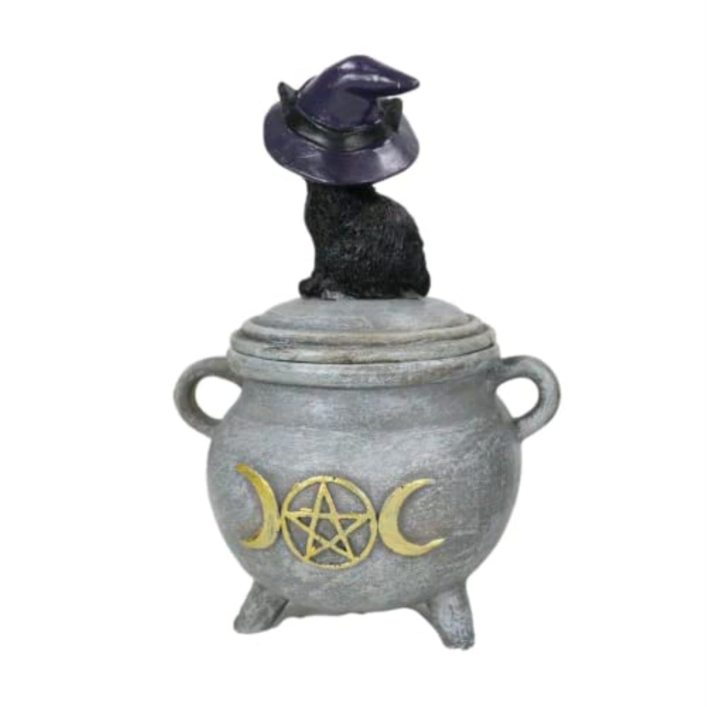 Black Cat with Witch Hat Sitting on Cauldron Halloween Resin Jewelry Trinket Keepsake Box 5.5 inch