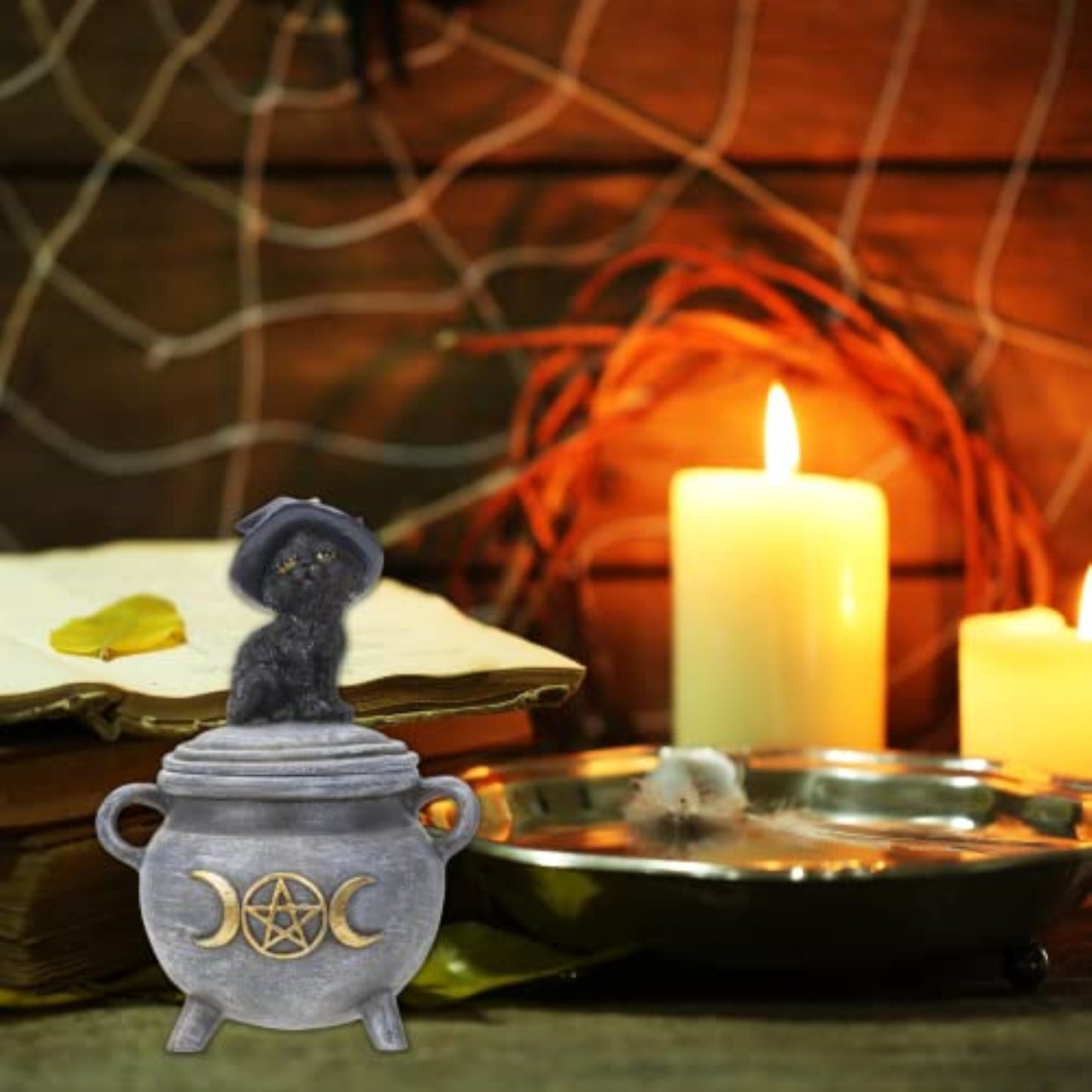 Black Cat with Witch Hat Sitting on Cauldron Halloween Resin Jewelry Trinket Keepsake Box 5.5 inch