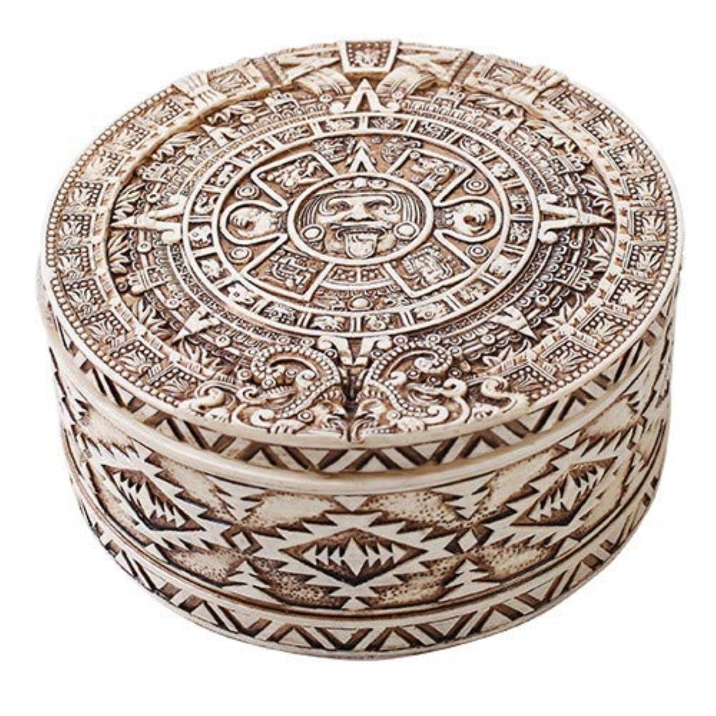Aztec Round Box Jewelry Trinket Keepsake Box 4.75 x 2.25 inch